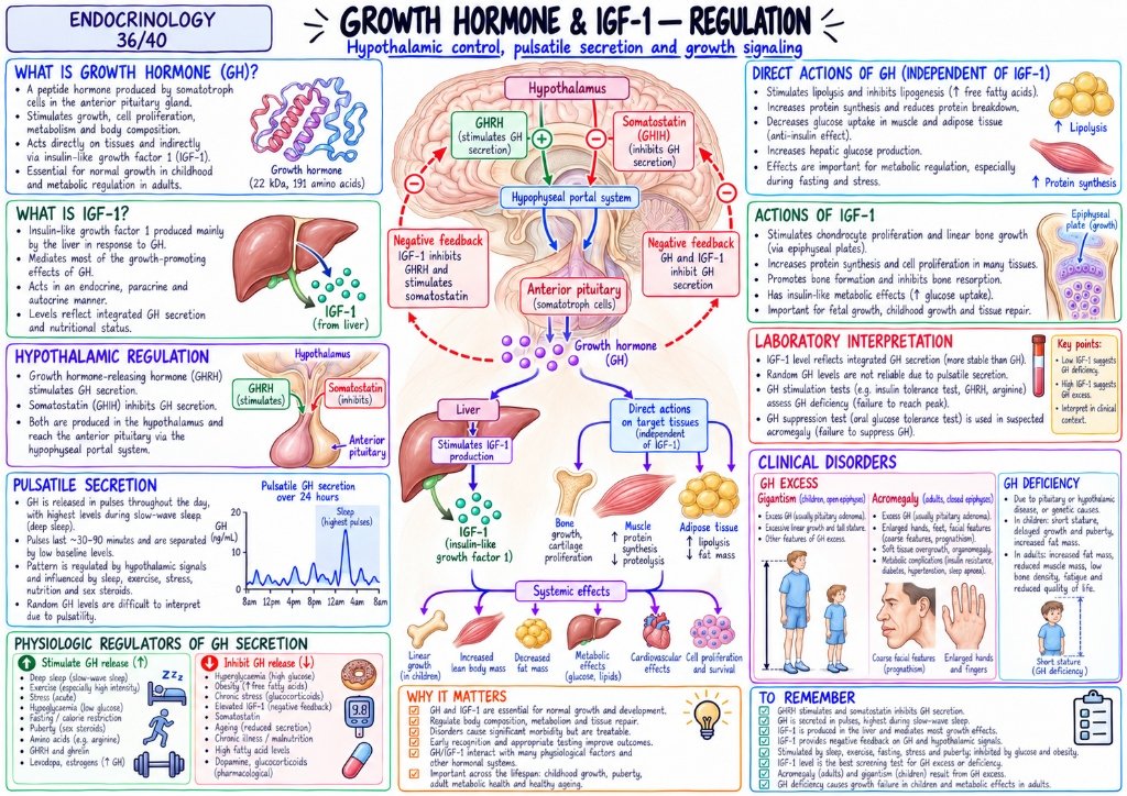 Growth Hormone & IGF-1 Regulation โ Hypothalamic Control & Pulsatile Secretion (36/40)